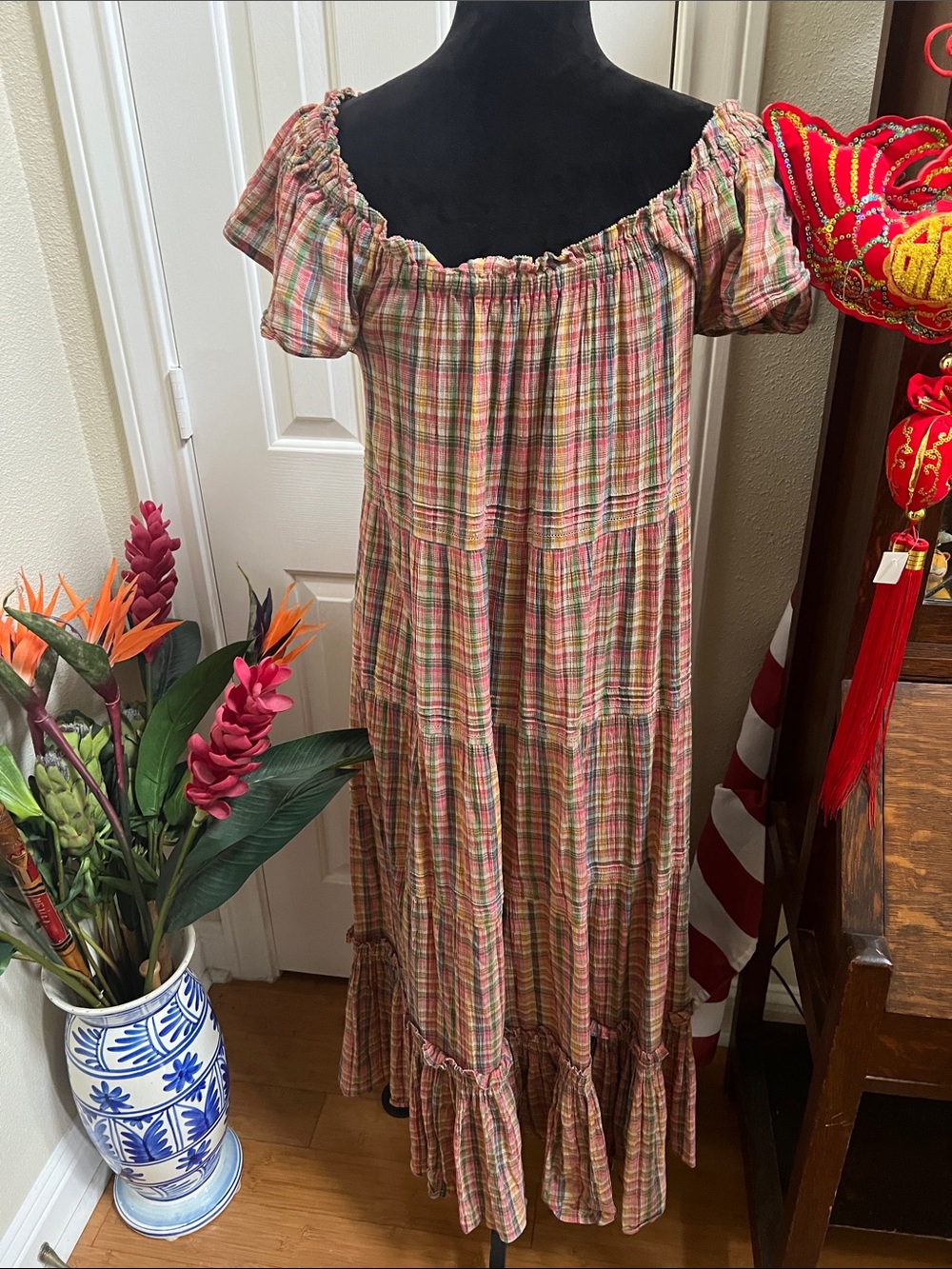 The Great The Nightingale Cotton Tiered Flutter Sleeve Plaid Maxi Dress Sz 1 Sm - Picture 6 of 11
